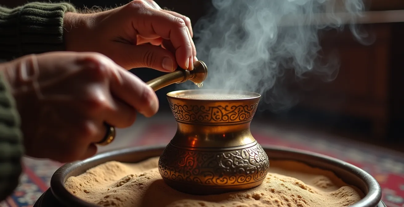 Mains préparant le café arménien traditionnel sur sable chaud