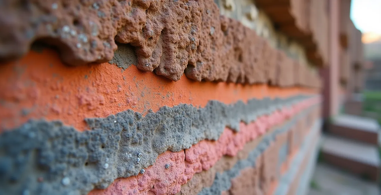 Détail macro des couches de tuf volcanique montrant les différentes époques géologiques