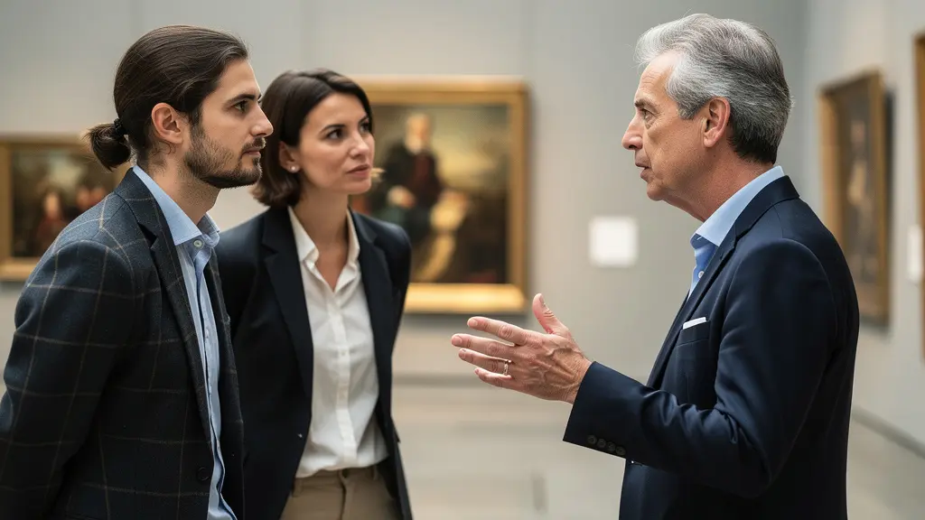 Conférencier expliquant une œuvre à un petit groupe de visiteurs attentifs dans une galerie de musée