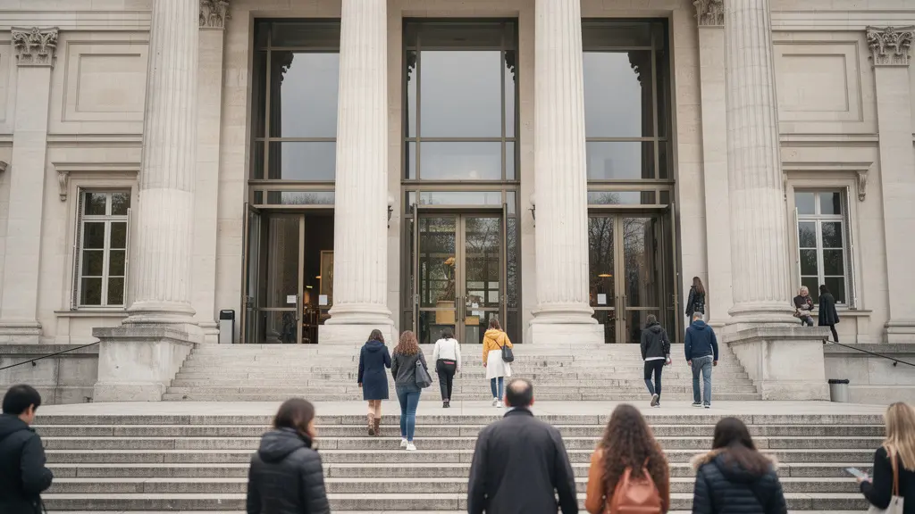 Façade d'un grand musée européen avec visiteurs se dirigeant vers l'entrée