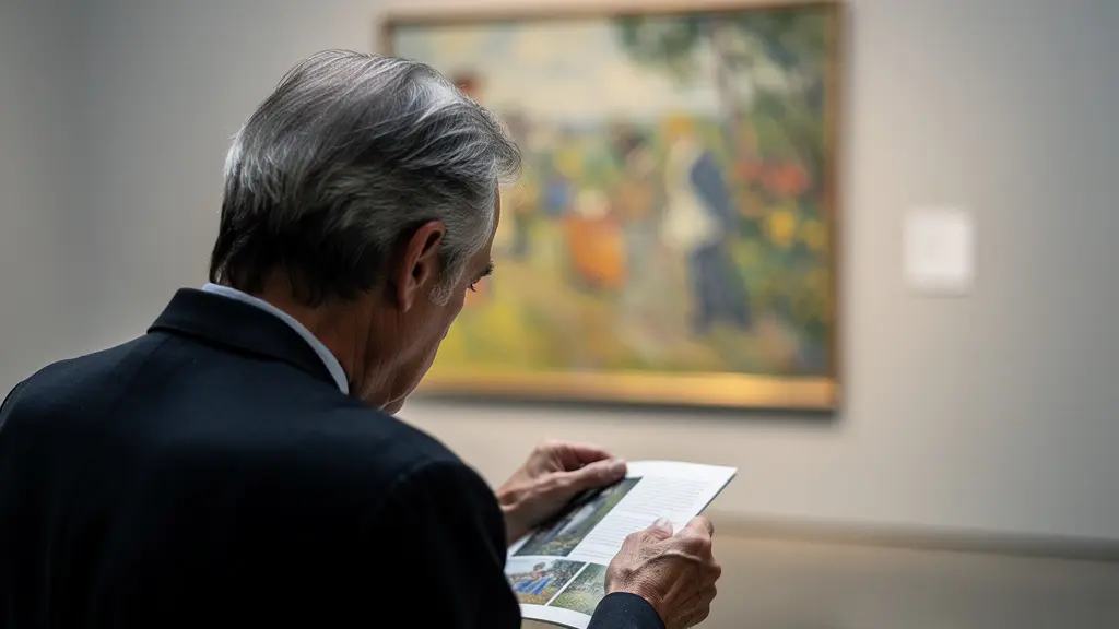 Visiteur concentré observant les détails d'une toile impressionniste dans un musée européen
