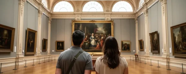 Visiteurs admirant une grande toile dans une galerie de musée européen lors d'un voyage culturel
