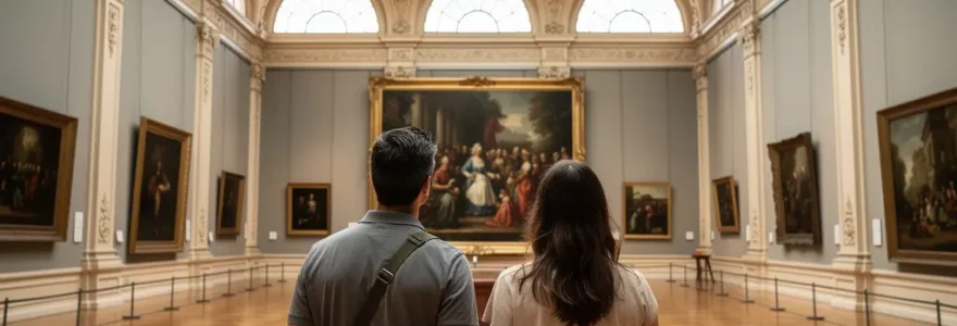 Visiteurs admirant une grande toile dans une galerie de musée européen lors d'un voyage culturel